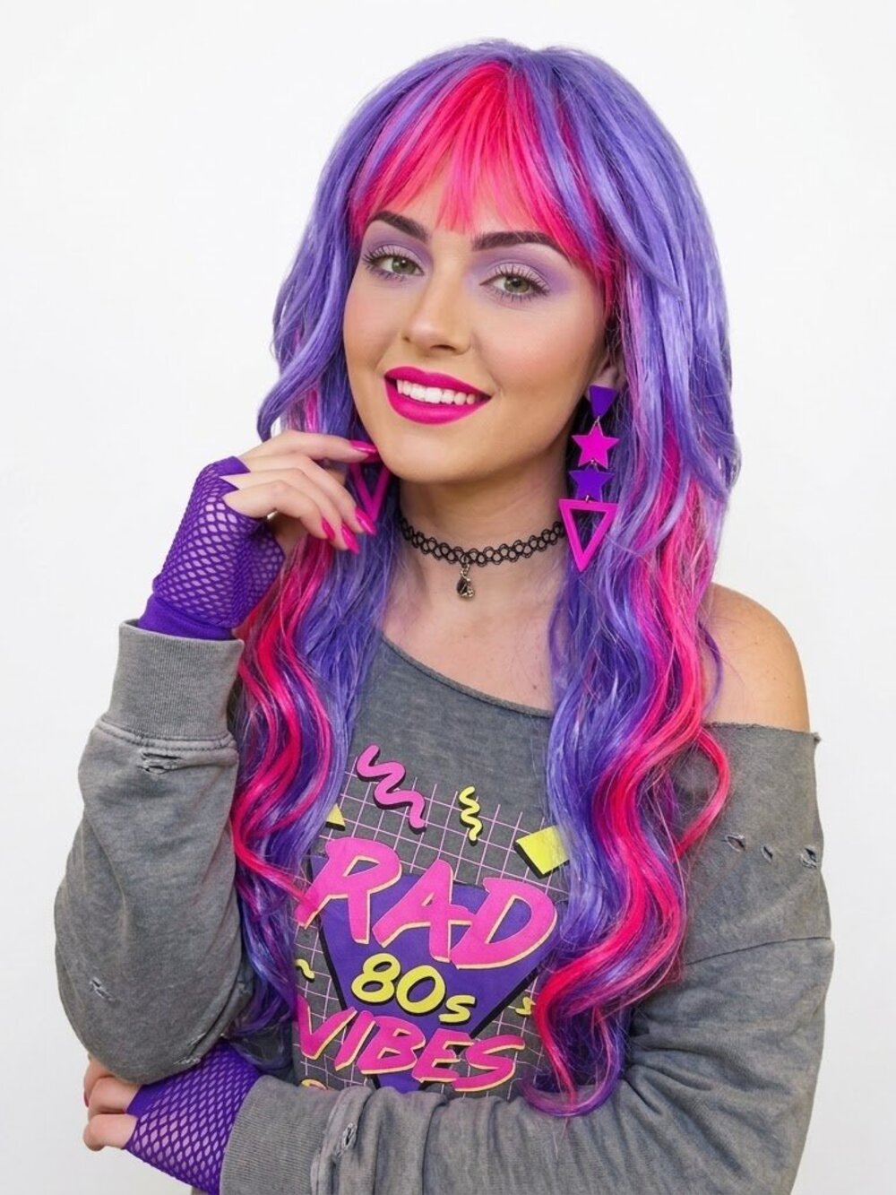 Fun 80s or Anime Style Pink & Purple Long Wavy Flowy Wig - NWT